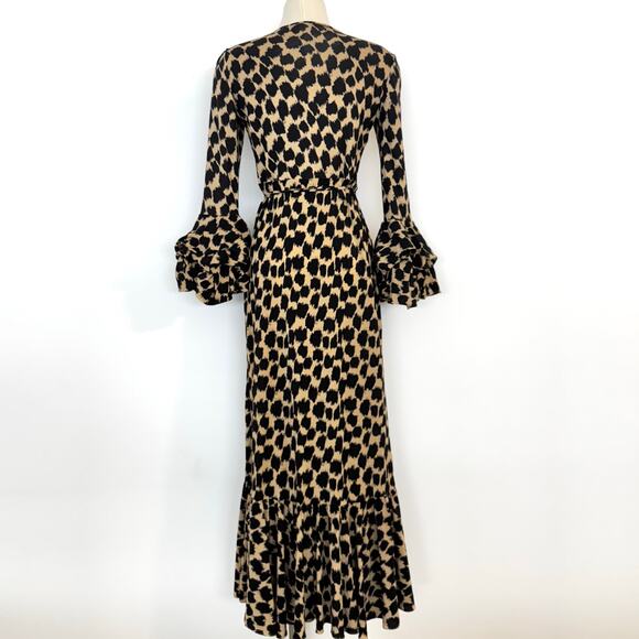 Diane Von Furstenberg Silk Wrap Maxi Dress Puff Sleeve Leopard Print Size 8 - Picture 7 of 13